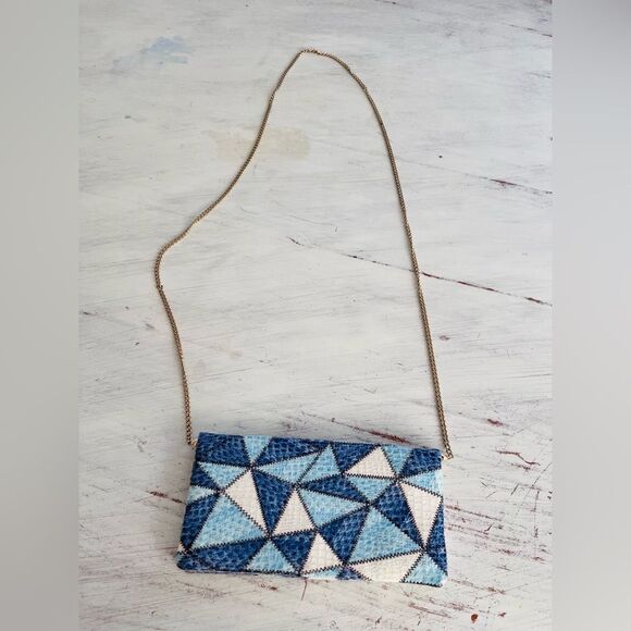 Anthropologie Blue and Cream Geometric Clutch - Picture 2 of 15